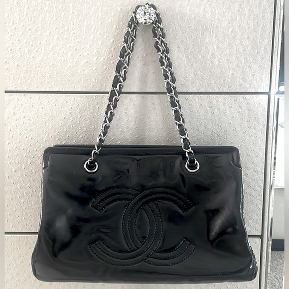 Chanel black patent leather GRAND SHOPPER TOTE GST BAG shoulder purse Authentic - Picture 3 of 17